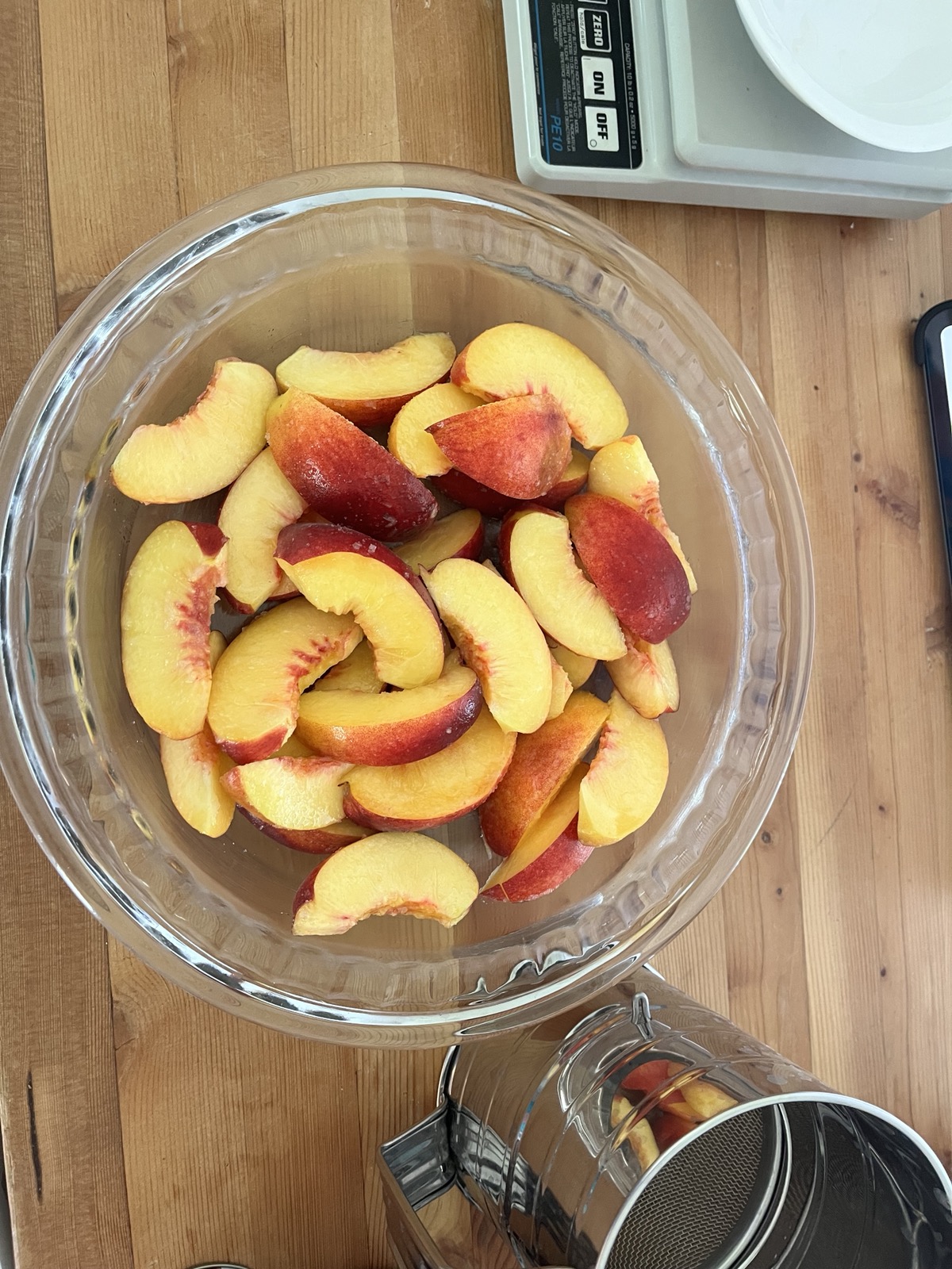 Peaches prepped in the mixing bowl